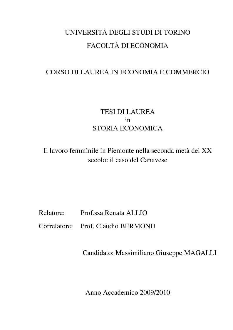 Anteprima della tesi: Il lavoro femminile in Piemonte nella seconda metà del XX secolo: il caso del Canavese, Pagina 1