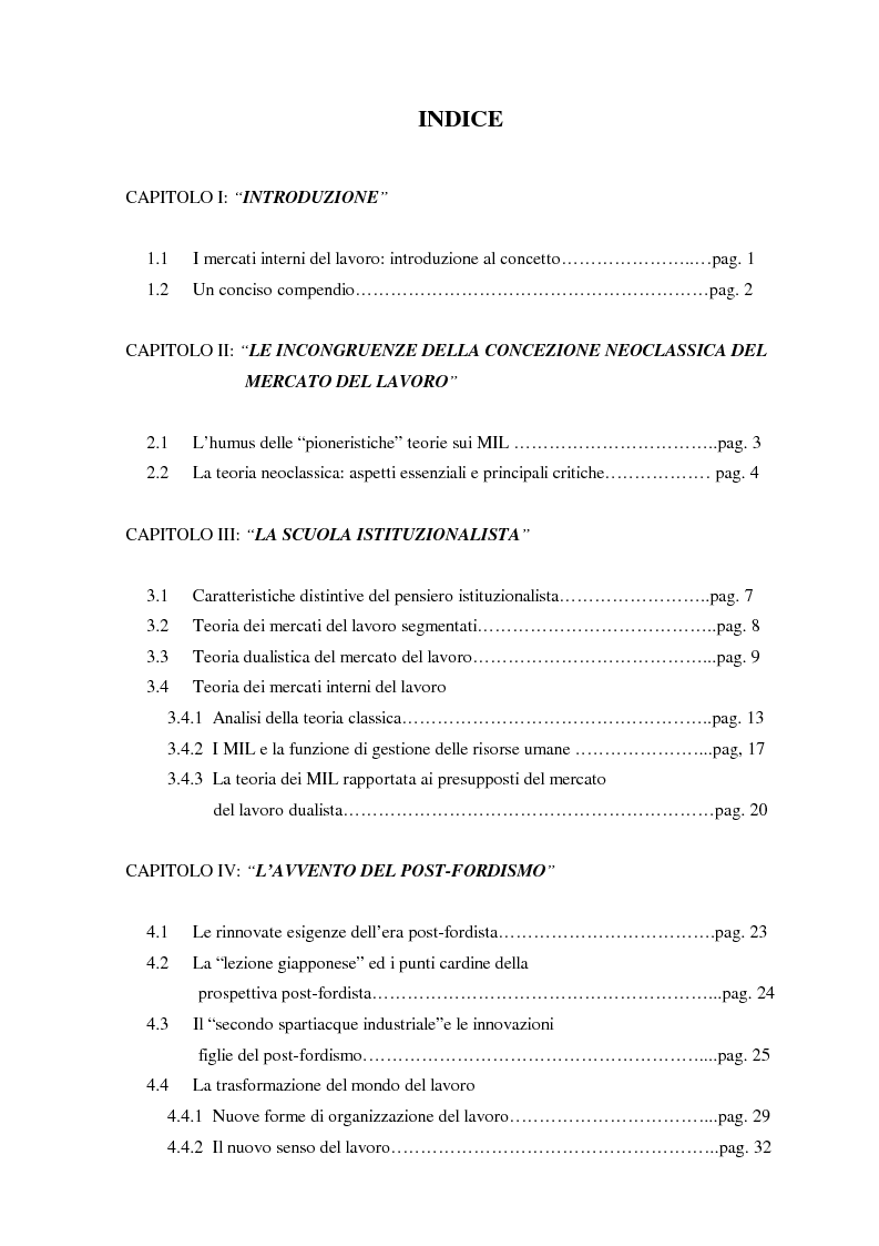 Indice della tesi: I mercati interni del lavoro: teorie classiche e nuove prospettive di analisi, Pagina 1