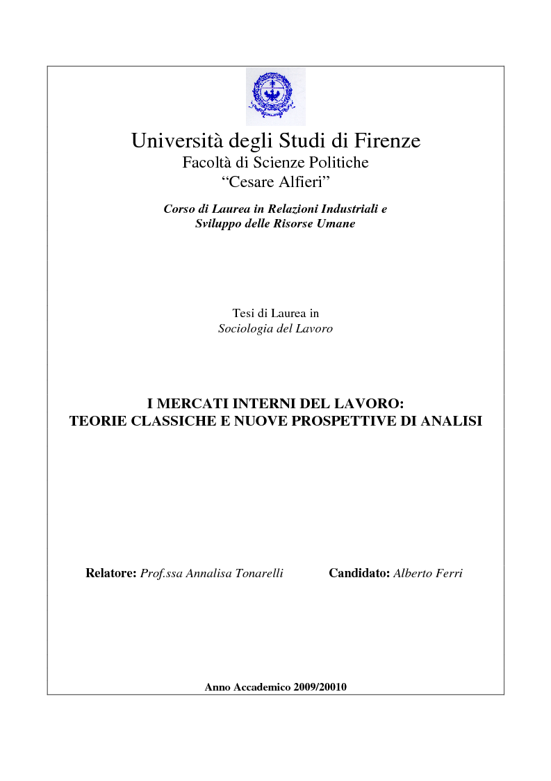 Anteprima della tesi: I mercati interni del lavoro: teorie classiche e nuove prospettive di analisi, Pagina 1