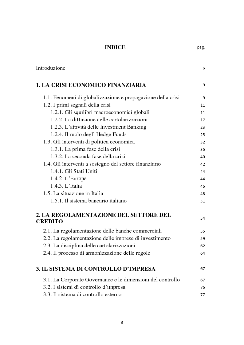 Indice della tesi: Crisi economica globale ed efficacia dei sistemi di controllo esterno, Pagina 1