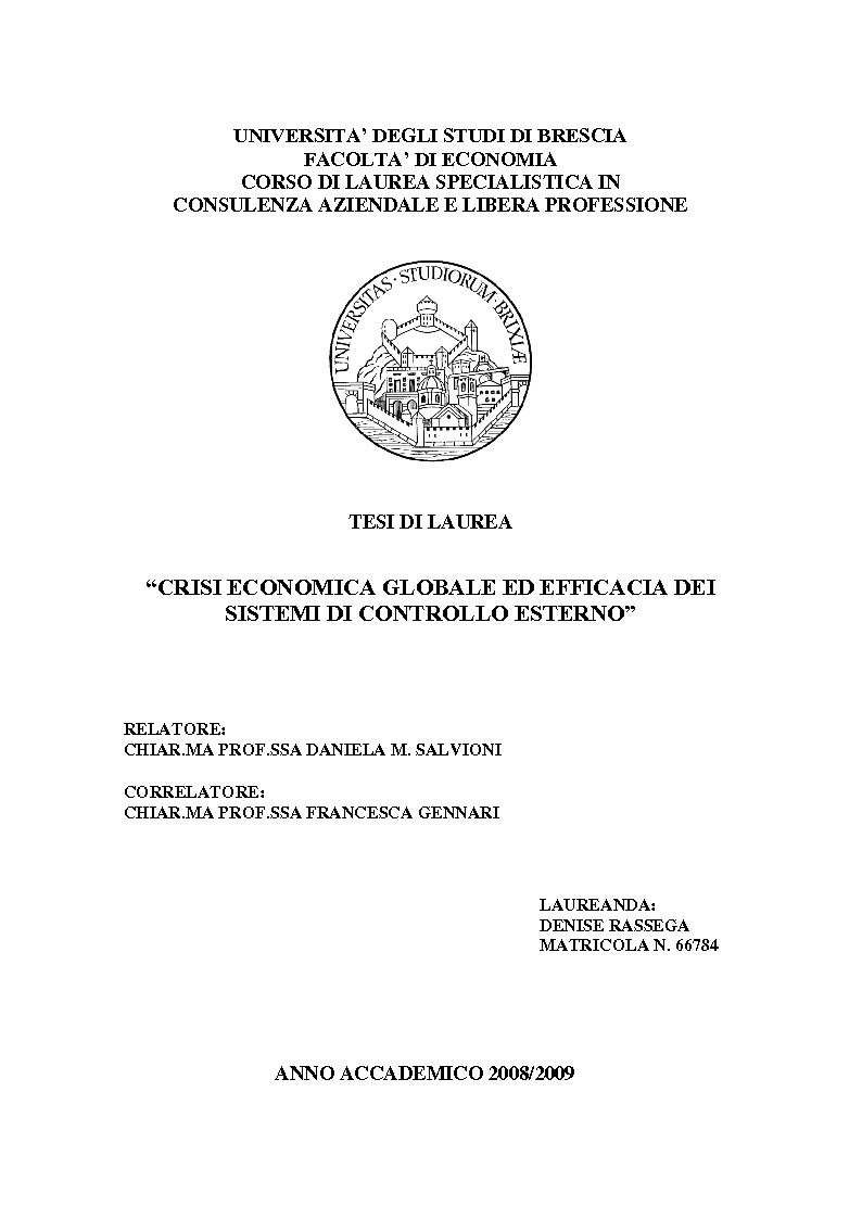 Anteprima della tesi: Crisi economica globale ed efficacia dei sistemi di controllo esterno, Pagina 1
