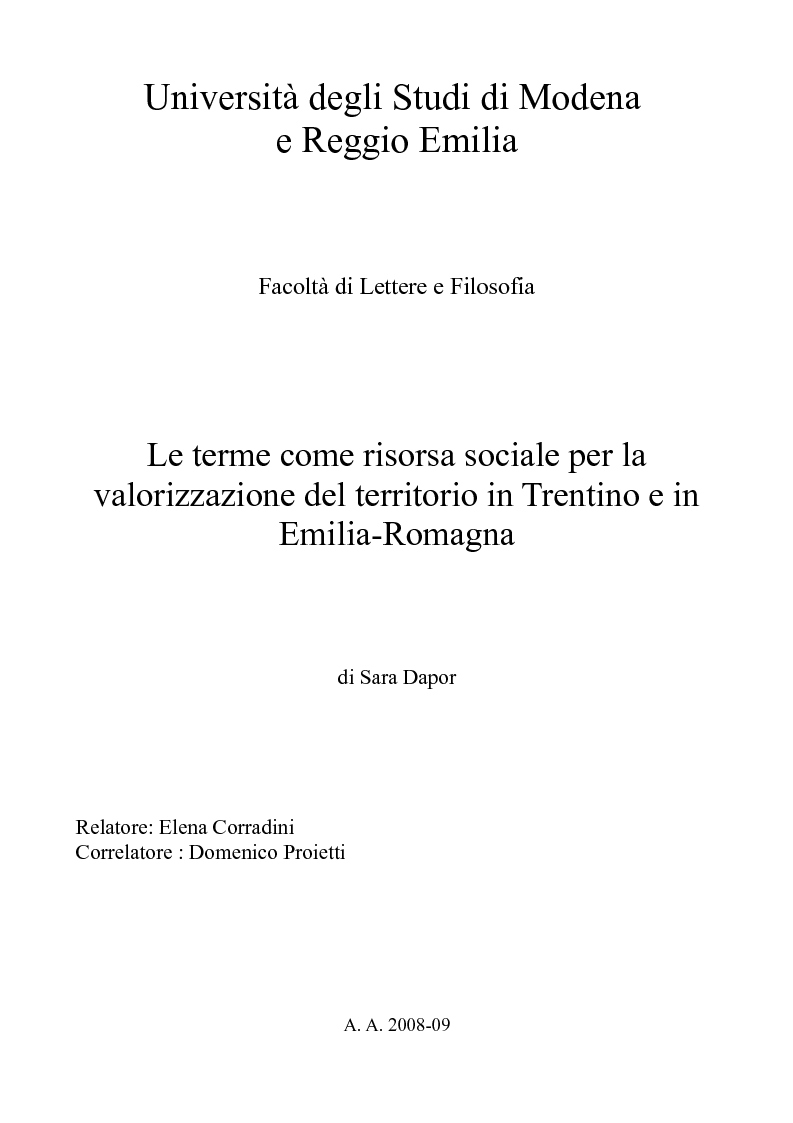 Anteprima della tesi: Le terme come risorsa sociale per la valorizzazione del territorio in Trentino e in Emilia-Romagna, Pagina 1