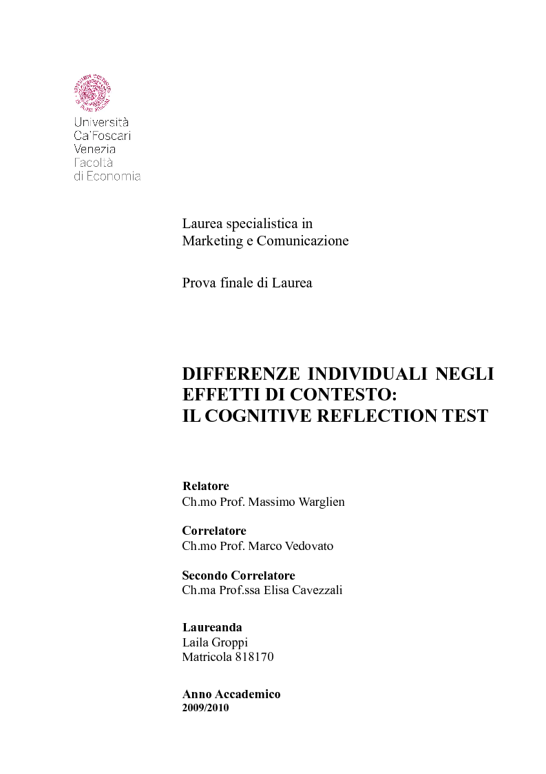 Anteprima della tesi: Differenze individuali negli effetti di contesto: il Cognitive Reflection Test, Pagina 1