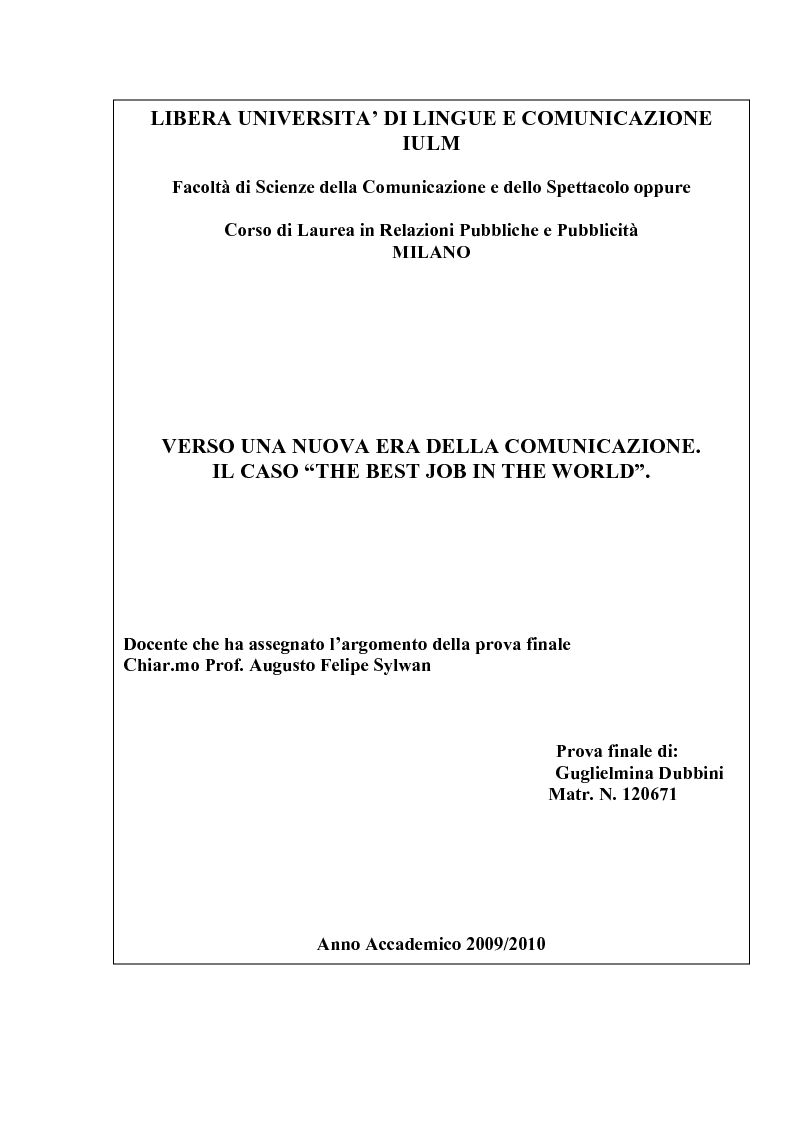 Anteprima della tesi: Verso una nuova era della comunicazione. Il caso ''The Best Job in the World'', Pagina 1