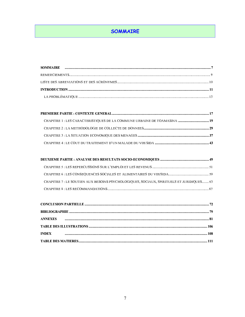 Indice della tesi: Evaluation de l’accès des ménages à la prise en charge des PVVIH, cas de Toamasina urbain, Madagascar, Pagina 1