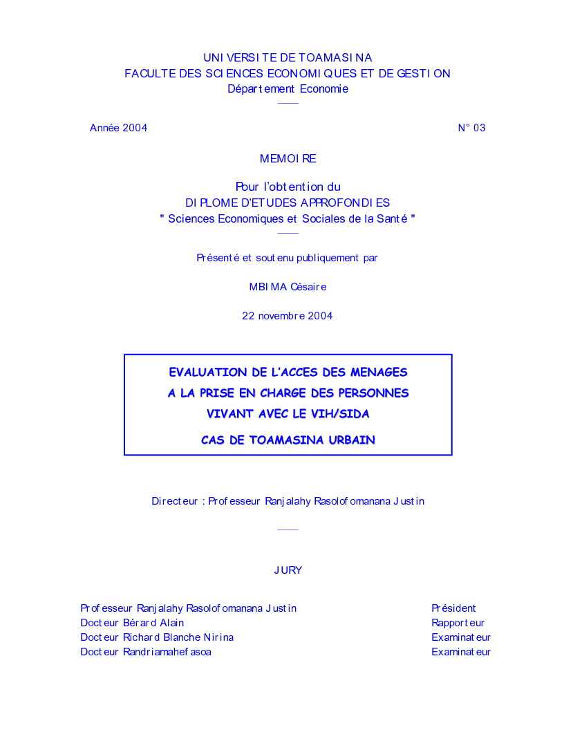 Anteprima della tesi: Evaluation de l’accès des ménages à la prise en charge des PVVIH, cas de Toamasina urbain, Madagascar, Pagina 1
