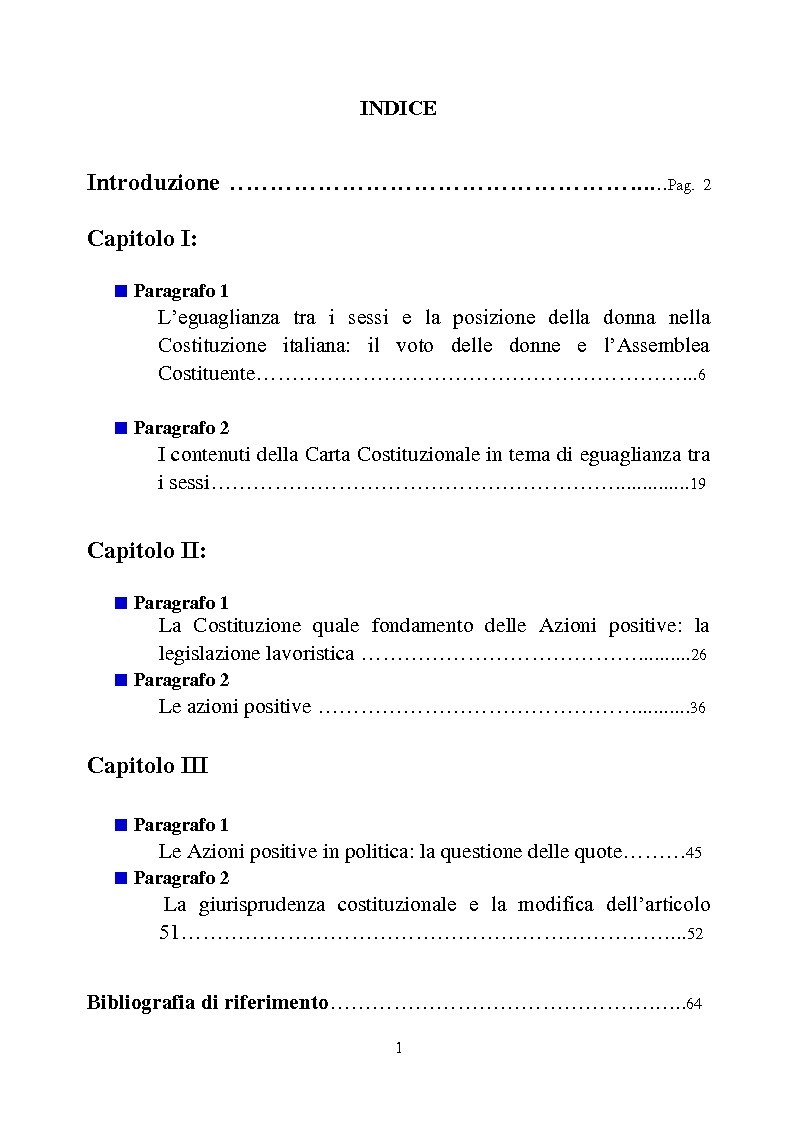 Indice della tesi: Costituzione e pari opportunità, Pagina 1