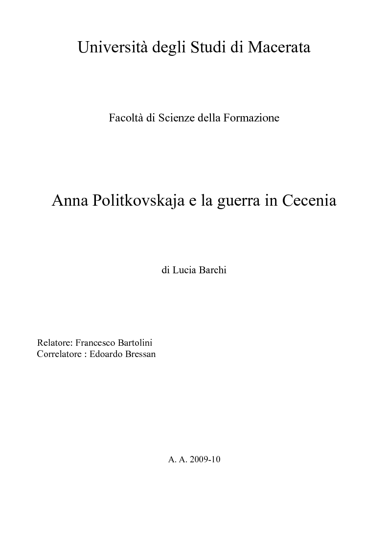 Anteprima della tesi: Anna Politkovskaja e la guerra in Cecenia, Pagina 1