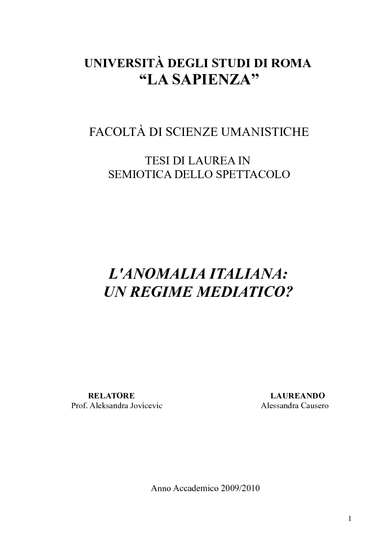 Anteprima della tesi: L'anomalia italiana: un regime mediatico?, Pagina 1