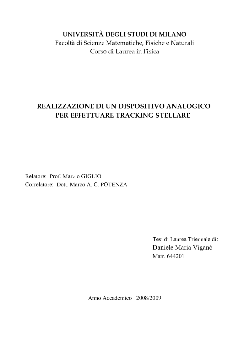 Anteprima della tesi: Realizzazione di un dispositivo analogico per effettuare tracking stellare, Pagina 1