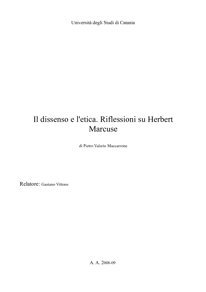 Anteprima della tesi: Il dissenso e l'etica. Riflessioni su Herbert Marcuse., Pagina 1