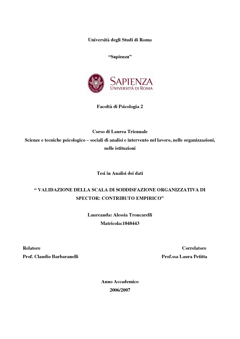 Anteprima della tesi: Validazione della scala di soddisfazione organizzativa di spector: contributo empirico, Pagina 1