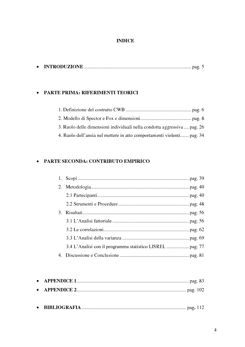 Indice della tesi: Comportamenti controproduttivi nei luoghi di lavoro: ruolo dell'ansia e dell'irritabilità. Contributo empirico., Pagina 1