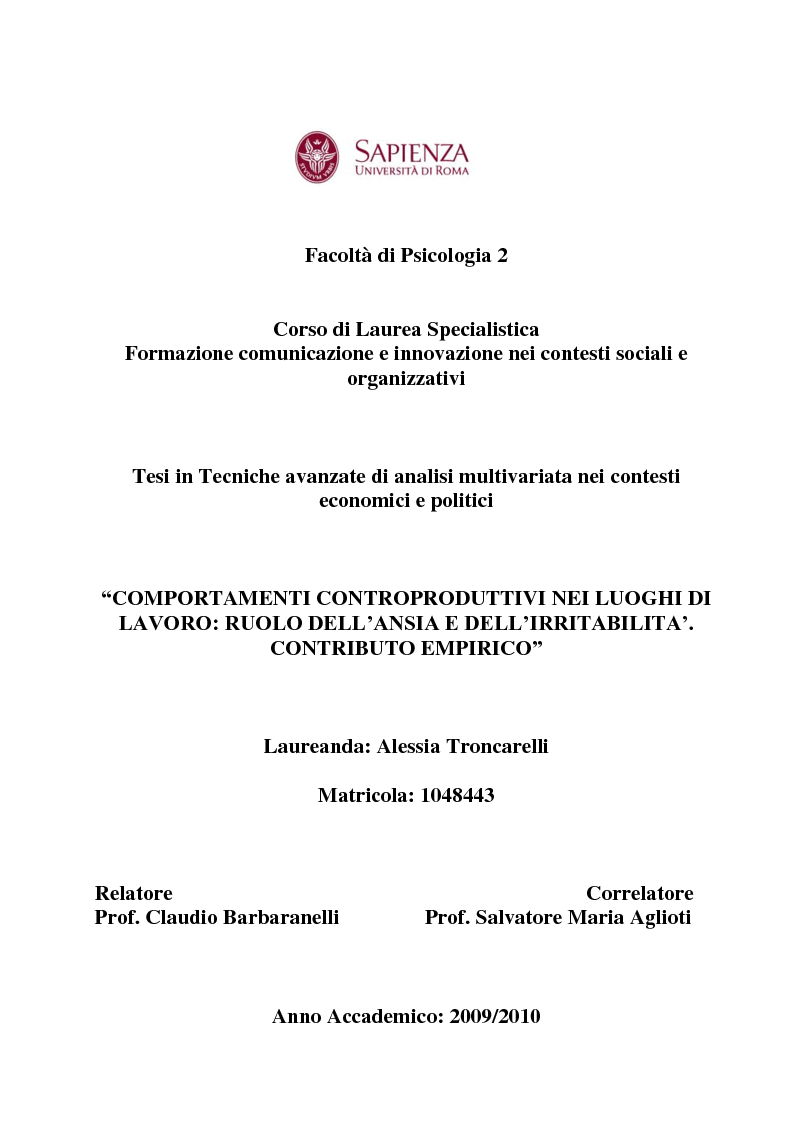 Anteprima della tesi: Comportamenti controproduttivi nei luoghi di lavoro: ruolo dell'ansia e dell'irritabilità. Contributo empirico., Pagina 1
