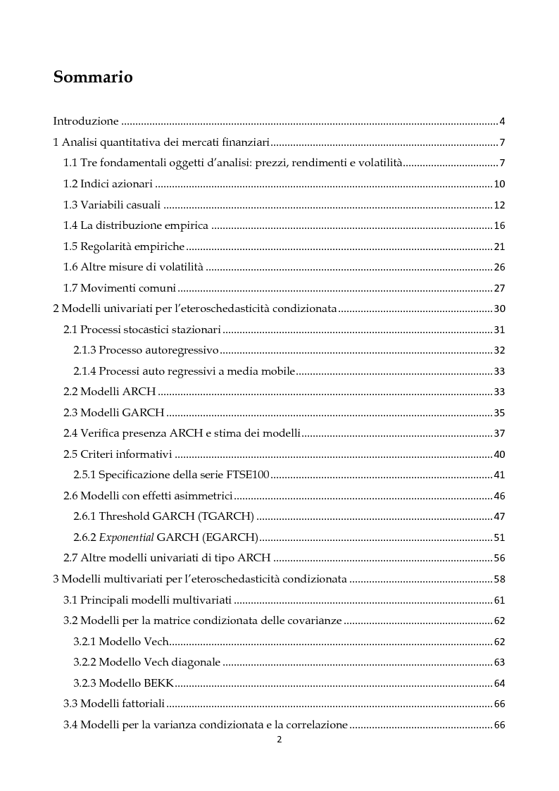 Indice della tesi: Modelli GARCH multivariati per l'analisi dei mercati finanziari, Pagina 1
