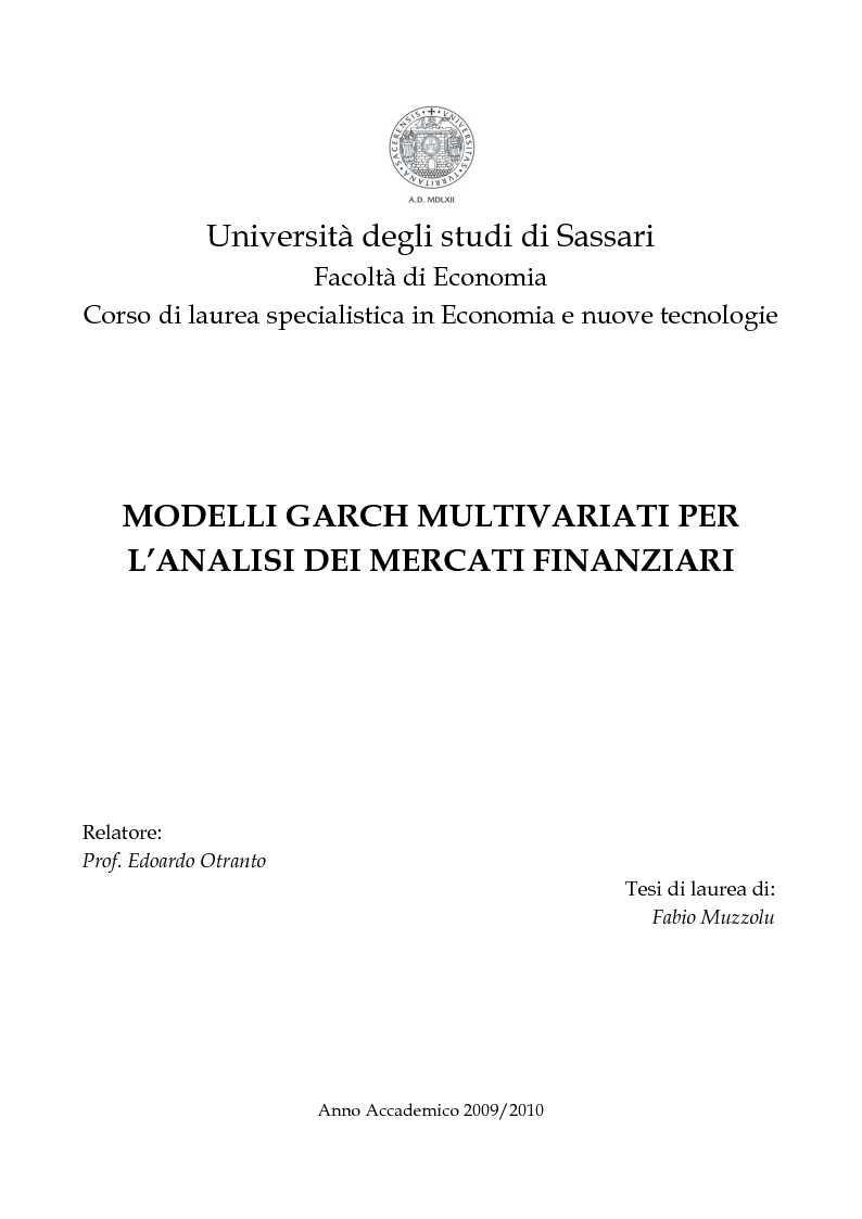 Anteprima della tesi: Modelli GARCH multivariati per l'analisi dei mercati finanziari, Pagina 1