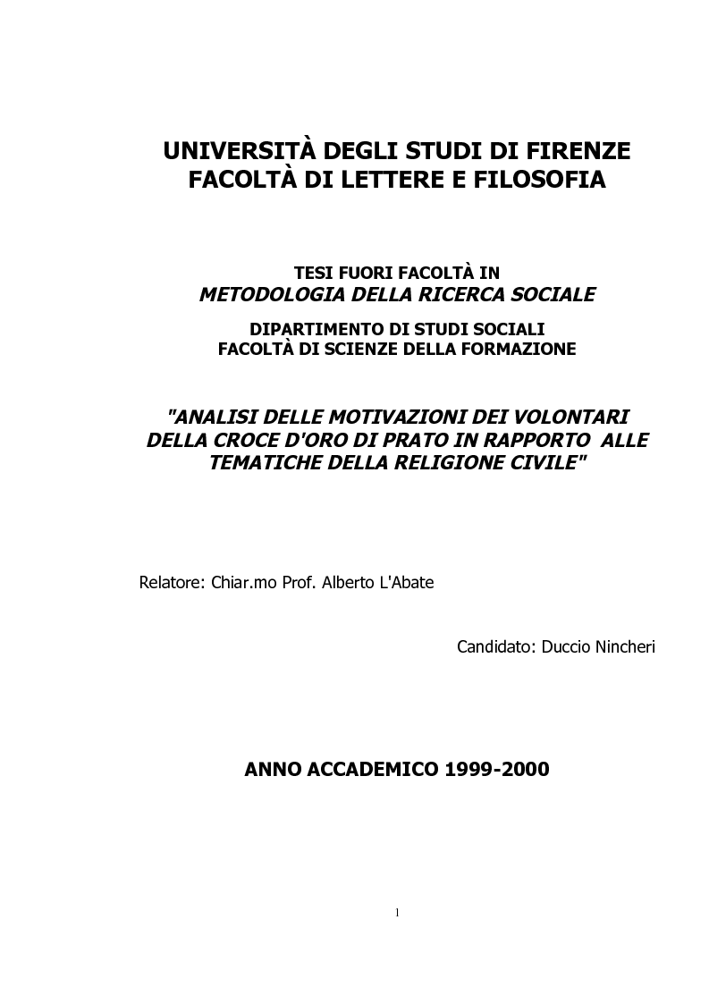 Anteprima della tesi: Analisi delle motivazioni dei volontari della Croce d'Oro di Prato in relazione alle tematiche della Religione Civile, Pagina 1
