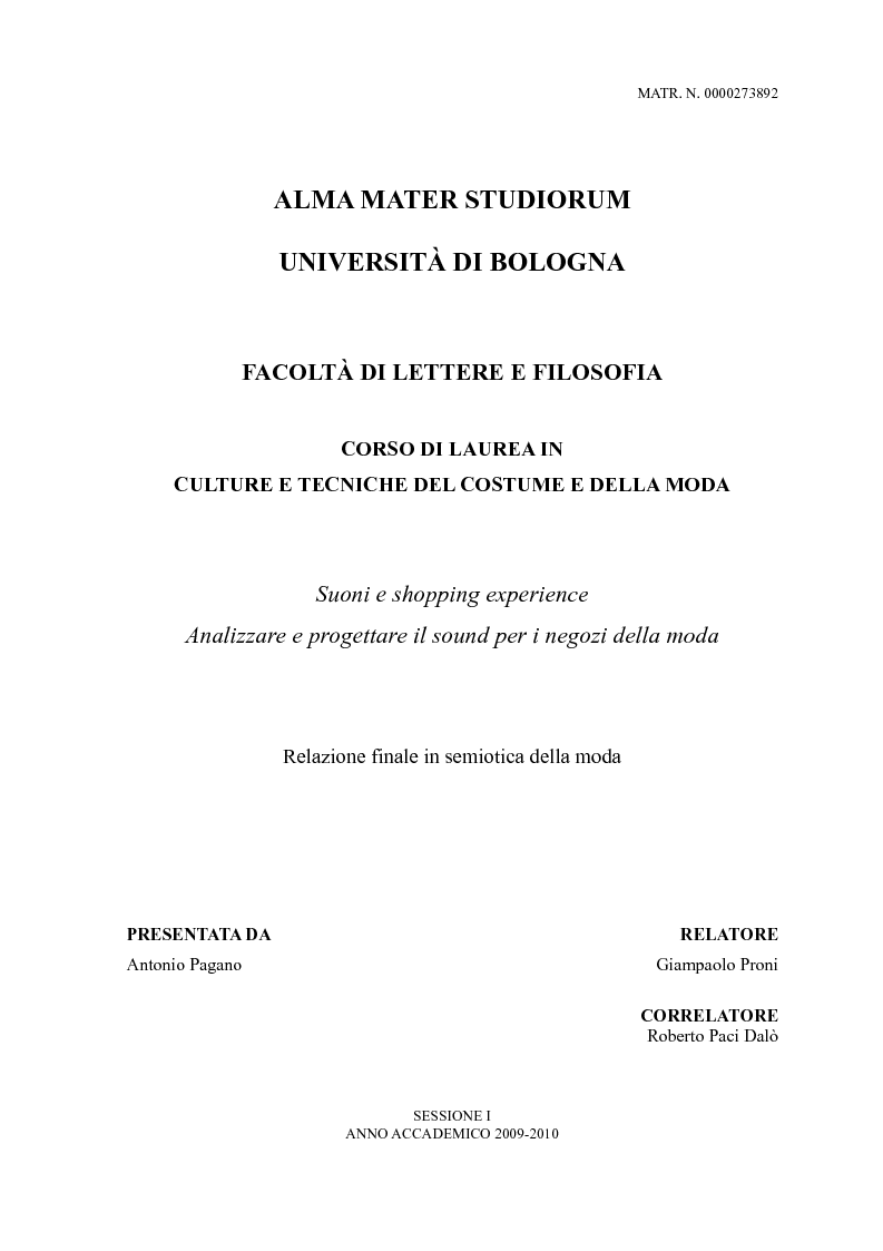 Anteprima della tesi: Suoni e shopping experience. Analizzare e progettare il sound per i negozi della moda, Pagina 1