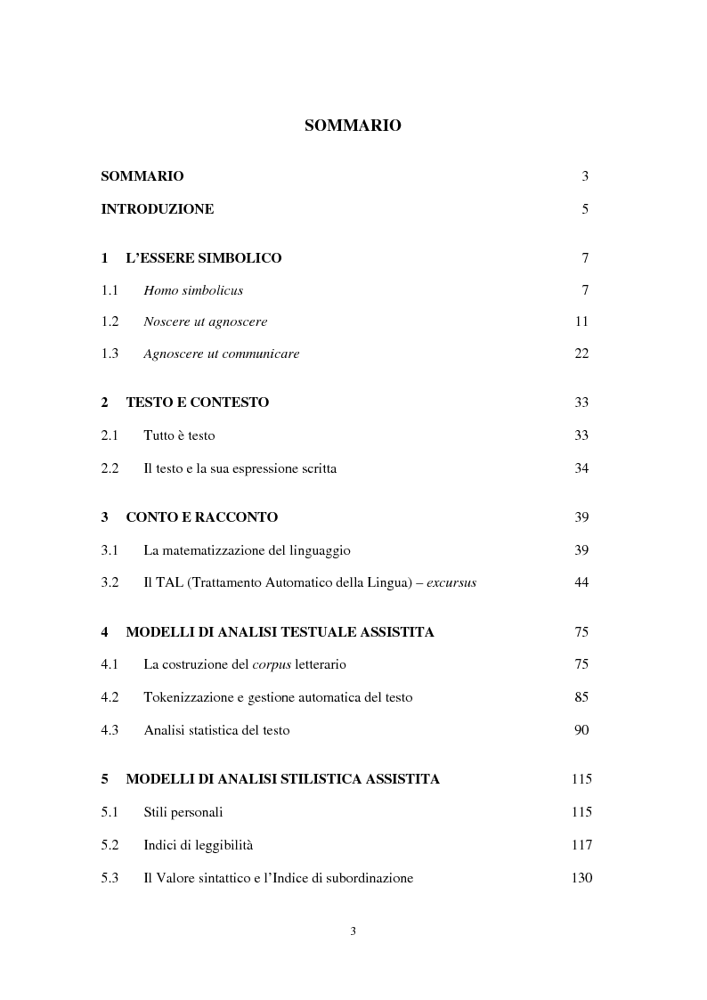 Indice della tesi: Ermeneutica del testo letterario assisitita da calcolatore – Modelli e metodi di analisi testuale, morfosintattica, valutazione semantica e rappresentazione transmediale, Pagina 1