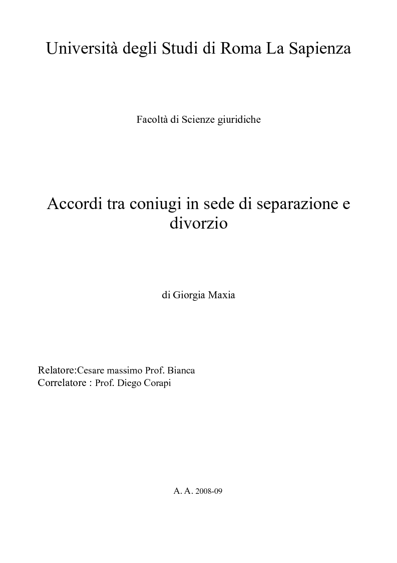 Anteprima della tesi: Accordi tra coniugi in sede di separazione e divorzio, Pagina 1