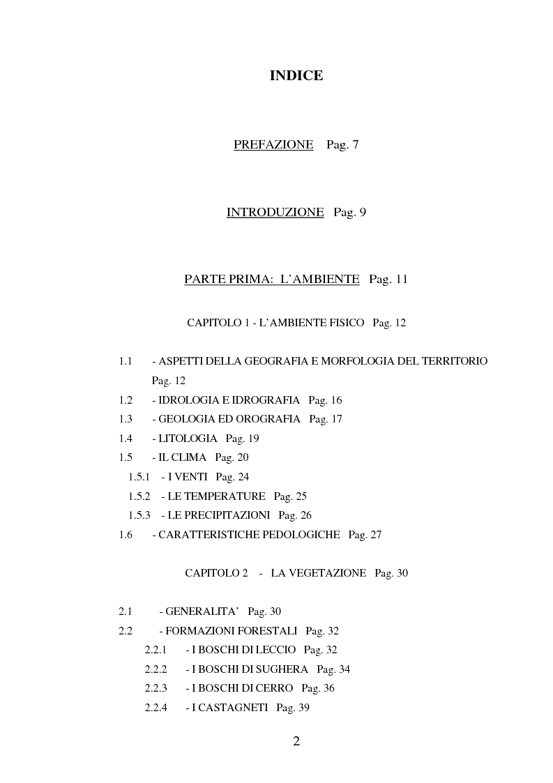 Indice della tesi: Gestione del patrimonio forestale nel Parco Regionale dei Monti Aurunci (LT), Pagina 1
