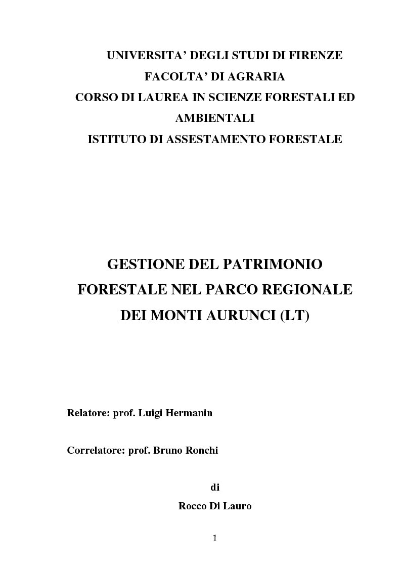 Anteprima della tesi: Gestione del patrimonio forestale nel Parco Regionale dei Monti Aurunci (LT), Pagina 1
