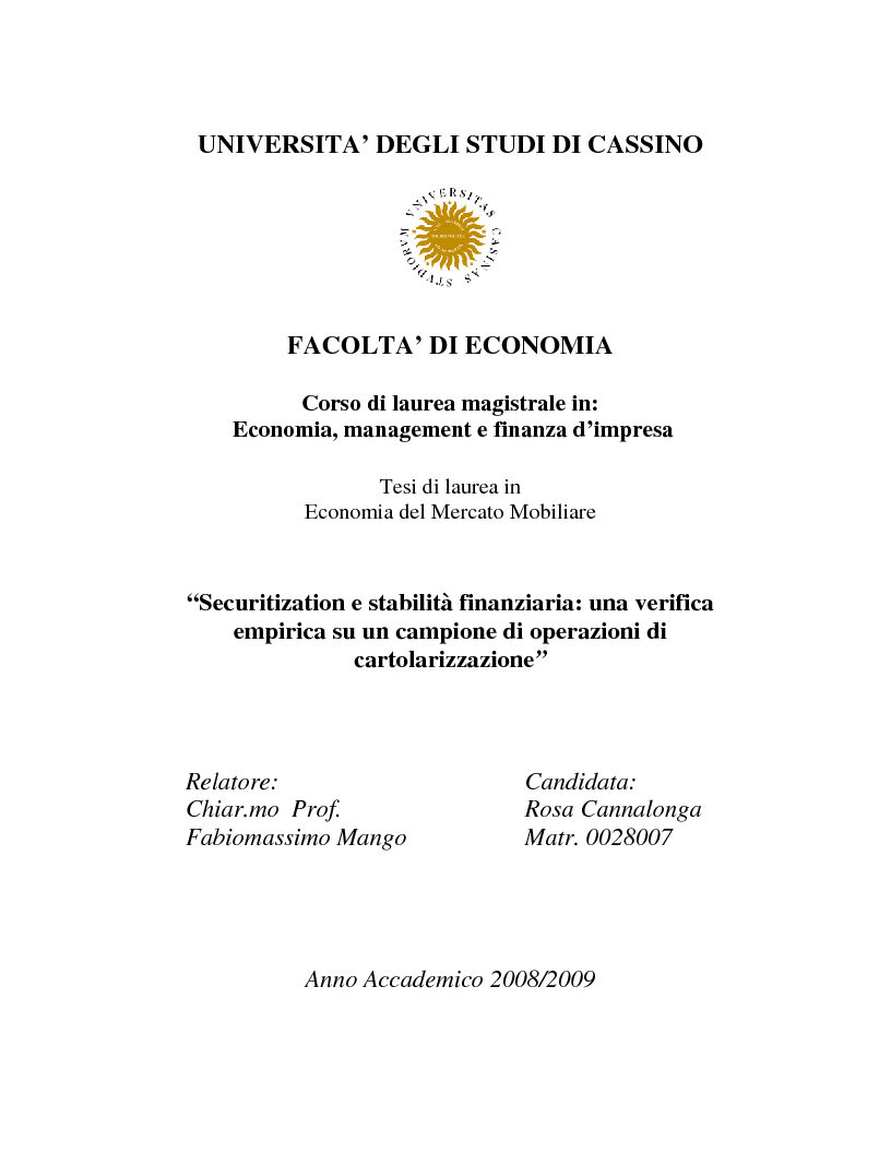 Anteprima della tesi: Securitization e stabilità finanziaria: un'analisi empirica su un campione di operazioni di cartolarizzazione, Pagina 1