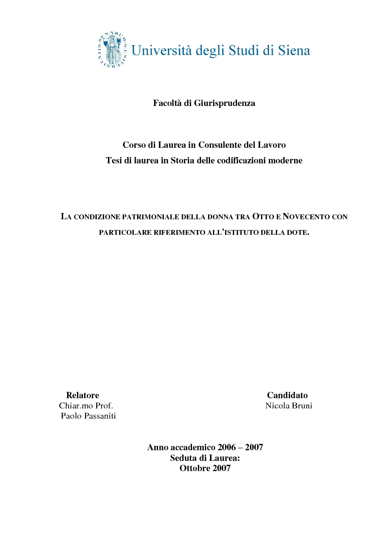 Anteprima della tesi: La condizione patrimoniale della donna tra Otto e Novecento, con particolare riferimento all'istituto della dote, Pagina 1