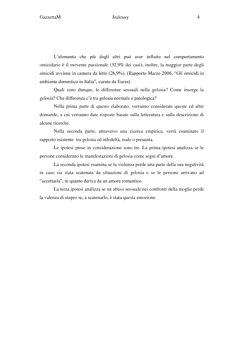 Anteprima della tesi: Gelosia: sinonimo di amore e giustificazione della violenza? Ricerca empirica con adulti, Pagina 3