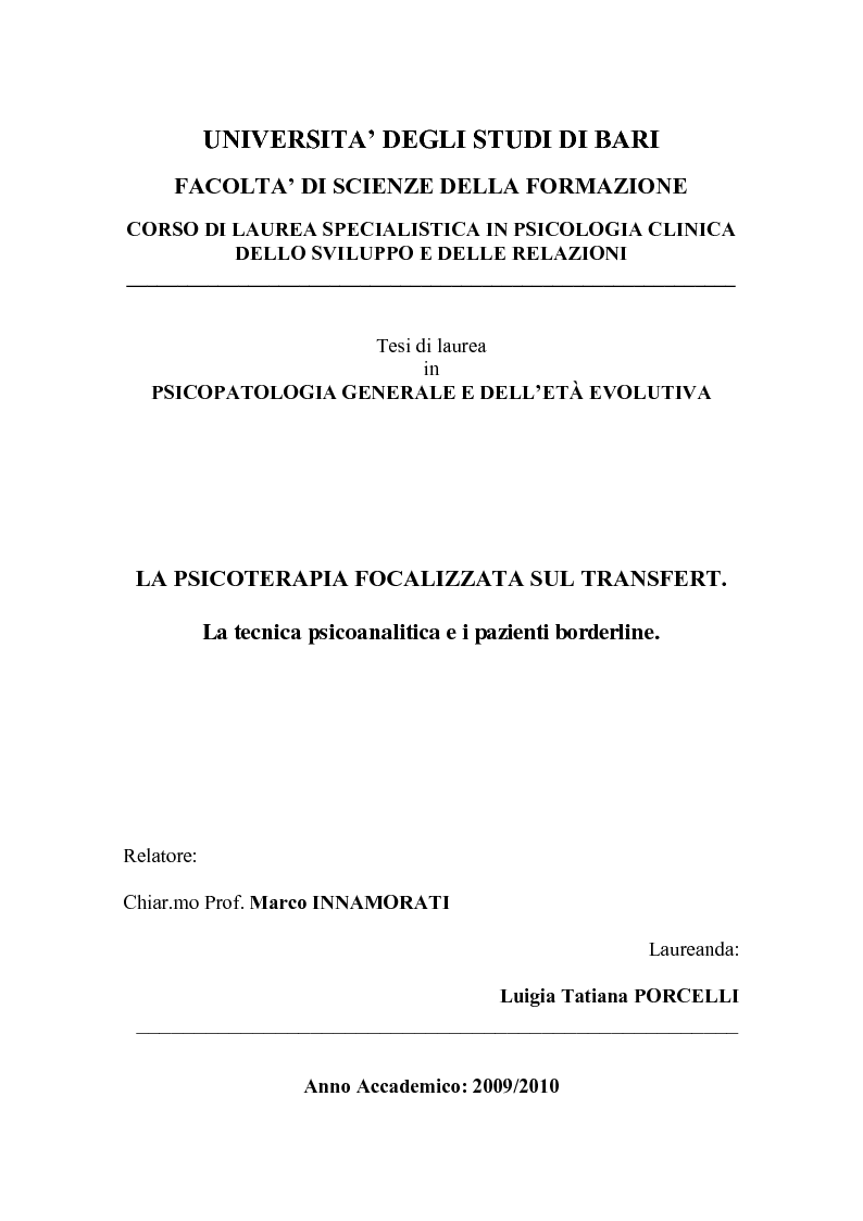 Anteprima della tesi: La psicoterapia focalizzata sul transfert. La tecnica psicoanalitica e i pazienti borderline., Pagina 1