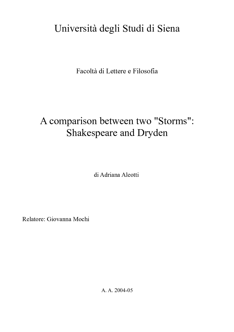 Anteprima della tesi: A comparison between two ''Storms'': Shakespeare and Dryden, Pagina 1