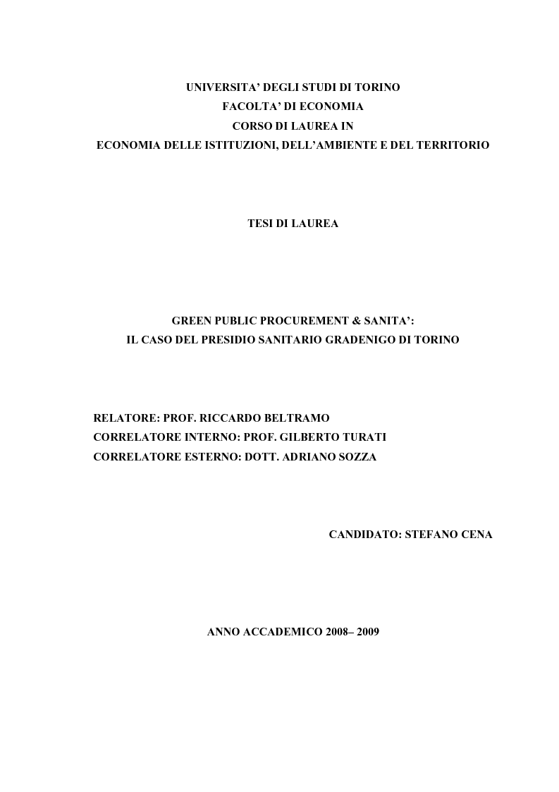 Anteprima della tesi: Green Public Procurement e Sanità: il caso del presidio sanitario Gradenigo di Torino, Pagina 1