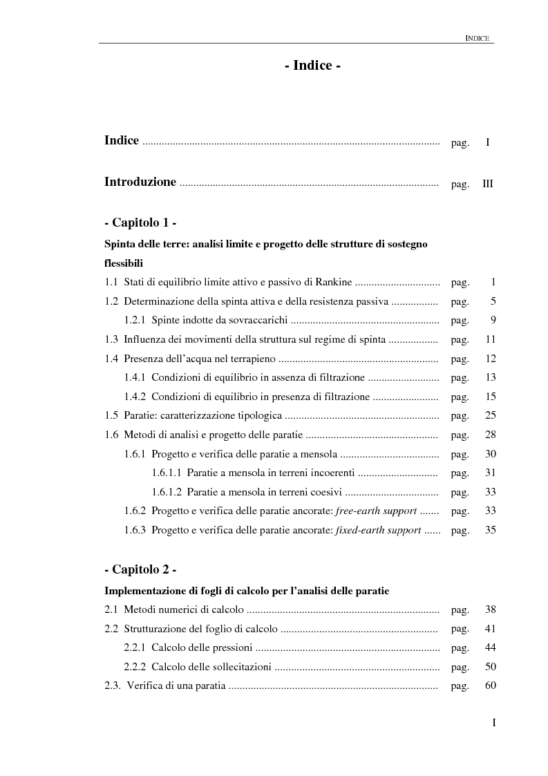 Indice della tesi: Studio del comportamento di una paratia con approcci analitici, Pagina 1
