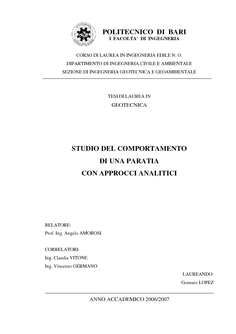 Anteprima della tesi: Studio del comportamento di una paratia con approcci analitici, Pagina 1