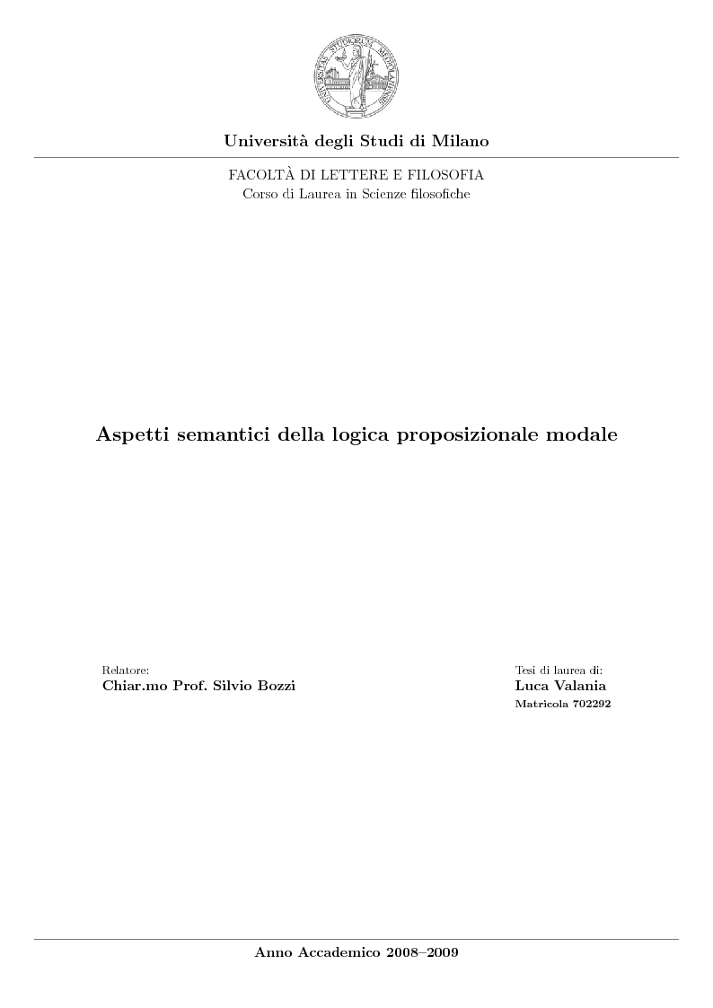 Anteprima della tesi: Aspetti semantici della logica proposizionale modale, Pagina 1