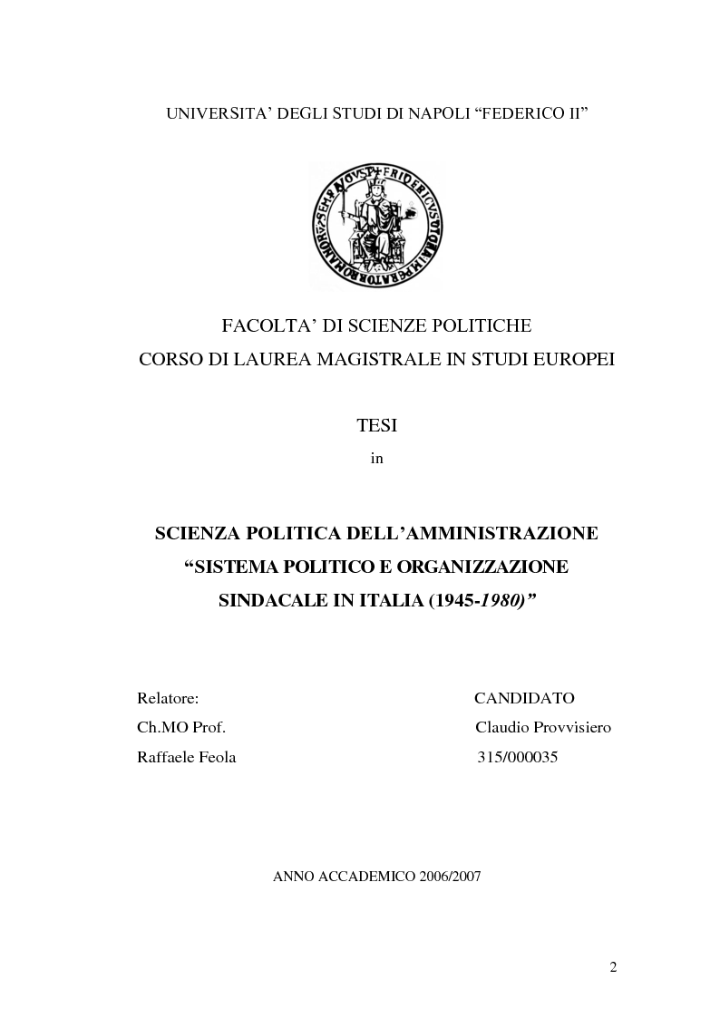 Anteprima della tesi: Sistema politico e organizzazioni sindacali in Italia (1945-1980), Pagina 1
