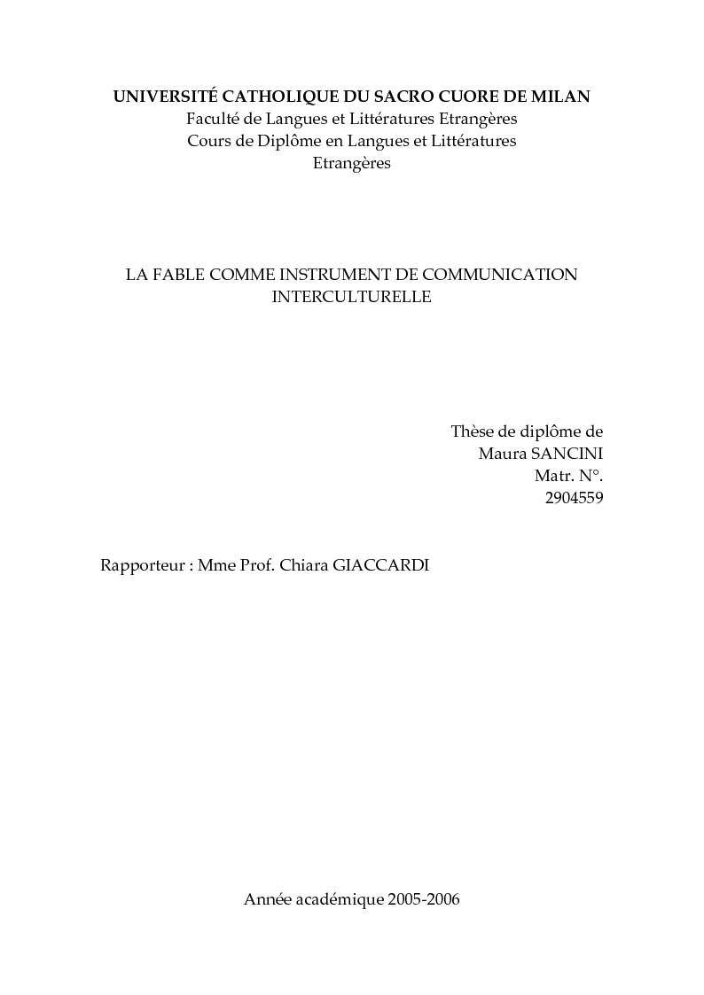 Anteprima della tesi: La fable comme instrument de communication interculturelle, Pagina 1