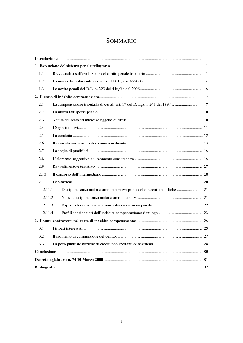 Indice della tesi: Il reato di indebita compensazione (art. 10 quater, D. L.vo n.74/2000), Pagina 1