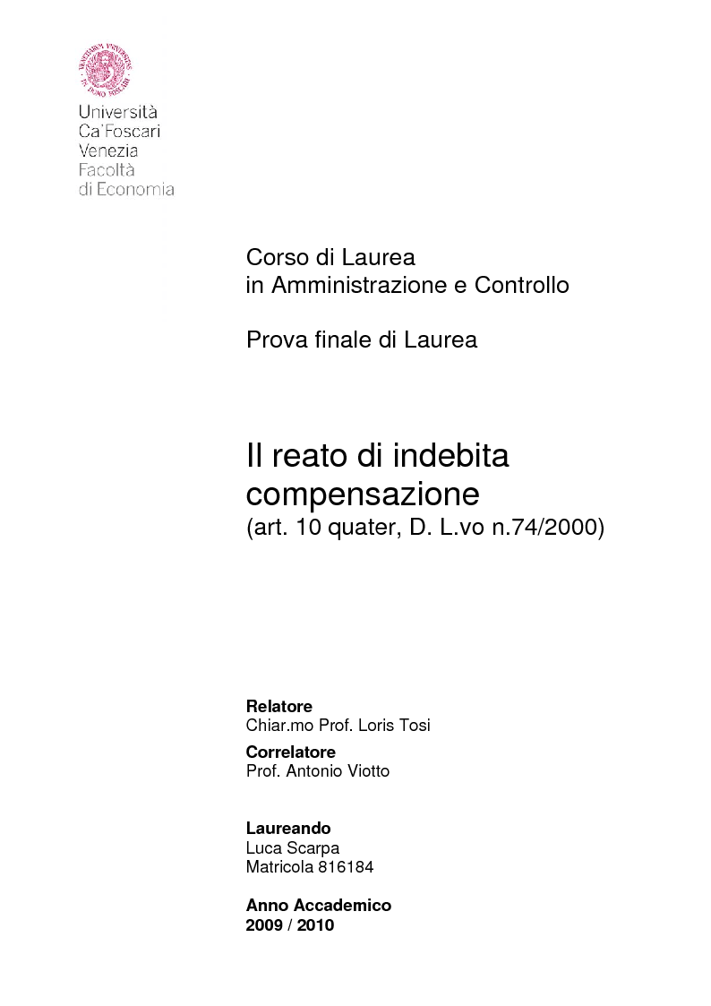 Anteprima della tesi: Il reato di indebita compensazione (art. 10 quater, D. L.vo n.74/2000), Pagina 1