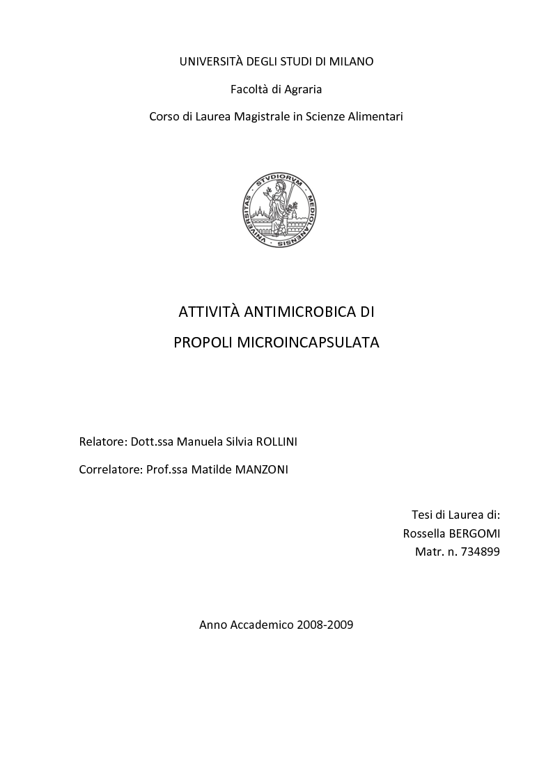 Anteprima della tesi: Attività antimicrobica di propoli microincapsulata, Pagina 1