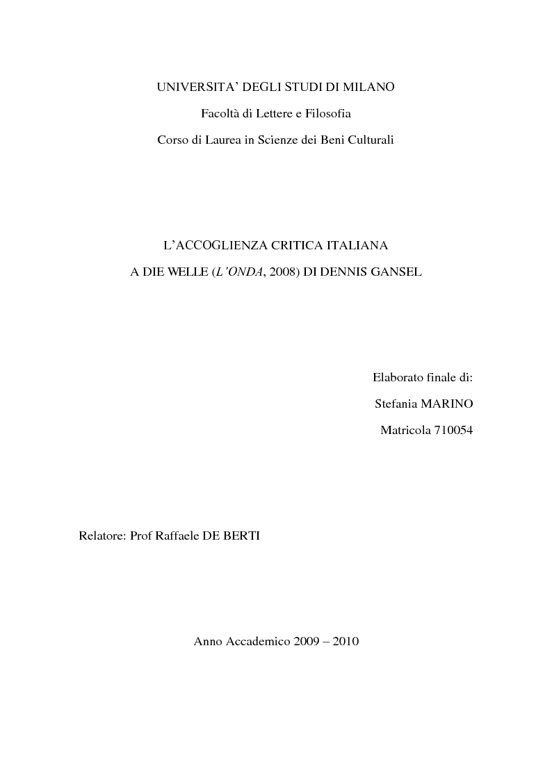 Anteprima della tesi: L'accoglienza critica italiana a Die Welle (L'Onda, 2008) di Dennis Gansel, Pagina 1