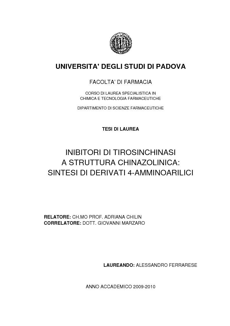 Anteprima della tesi: Inibitori di tirosinchinasi a struttura chinazolinica: sintesi di derivati 4-amminoarilici, Pagina 1