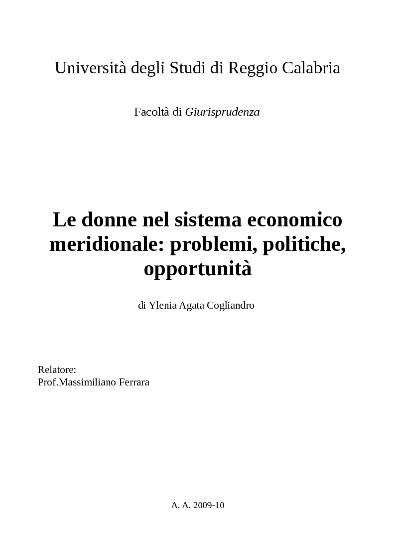 Anteprima della tesi: Le donne nel sistema economico meridionale: problemi, politiche, opportunità, Pagina 1
