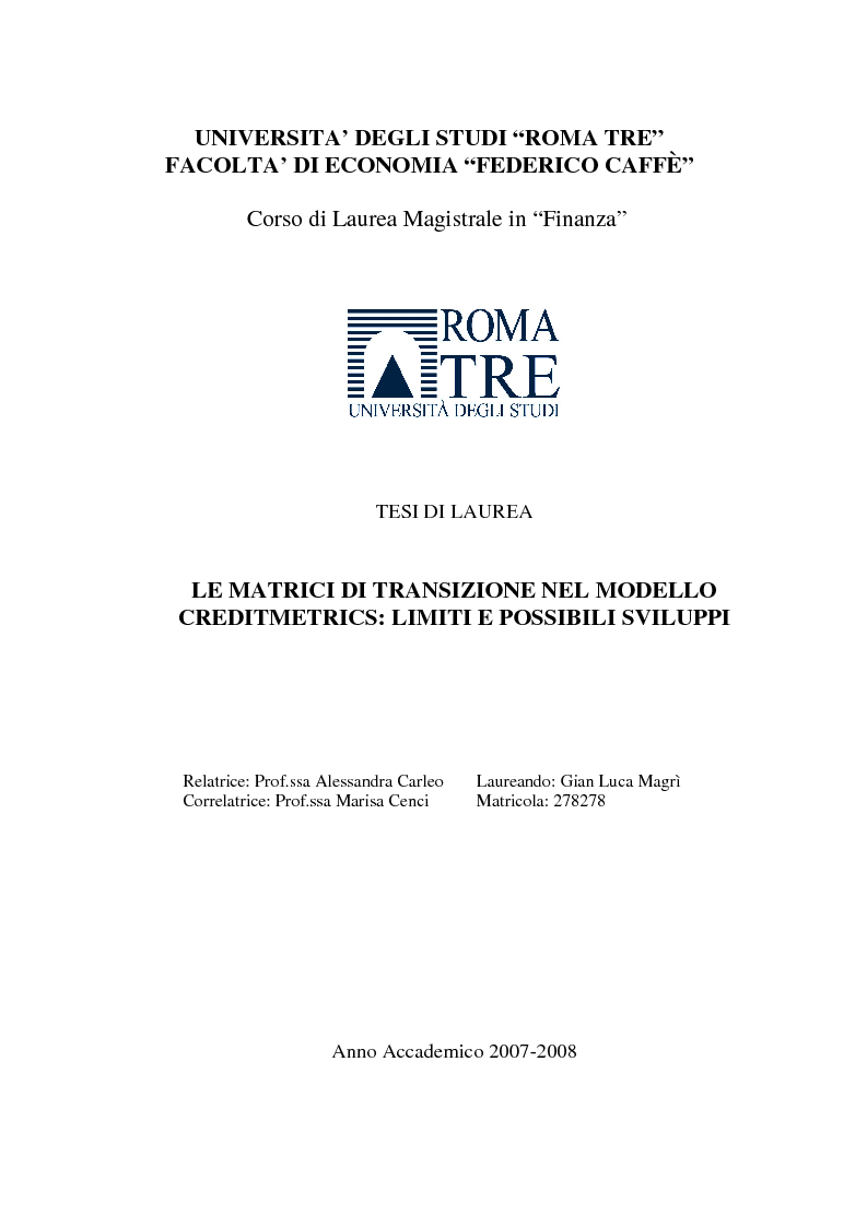 Anteprima della tesi: Le matrici di transizione nel modello Creditmetrics: limiti e possibili sviluppi, Pagina 1
