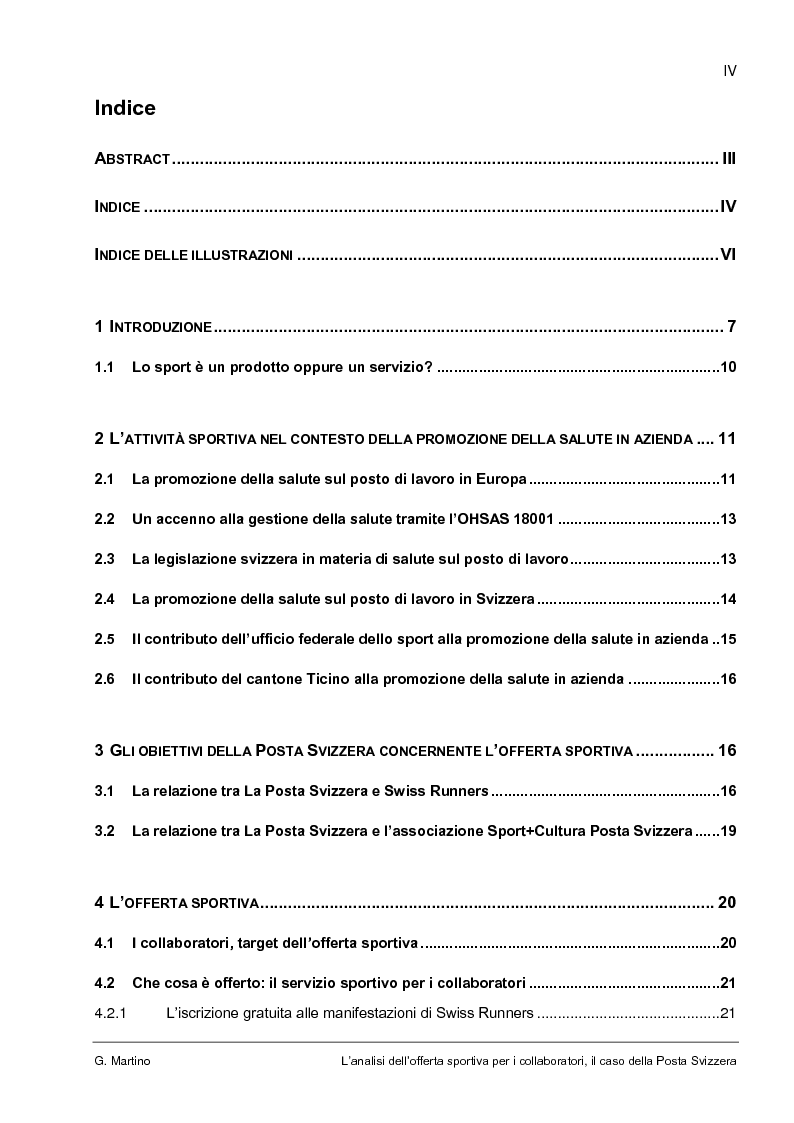 Indice della tesi: L'analisi dell'offerta sportiva per i collaboratori, il caso della Posta Svizzera, Pagina 1