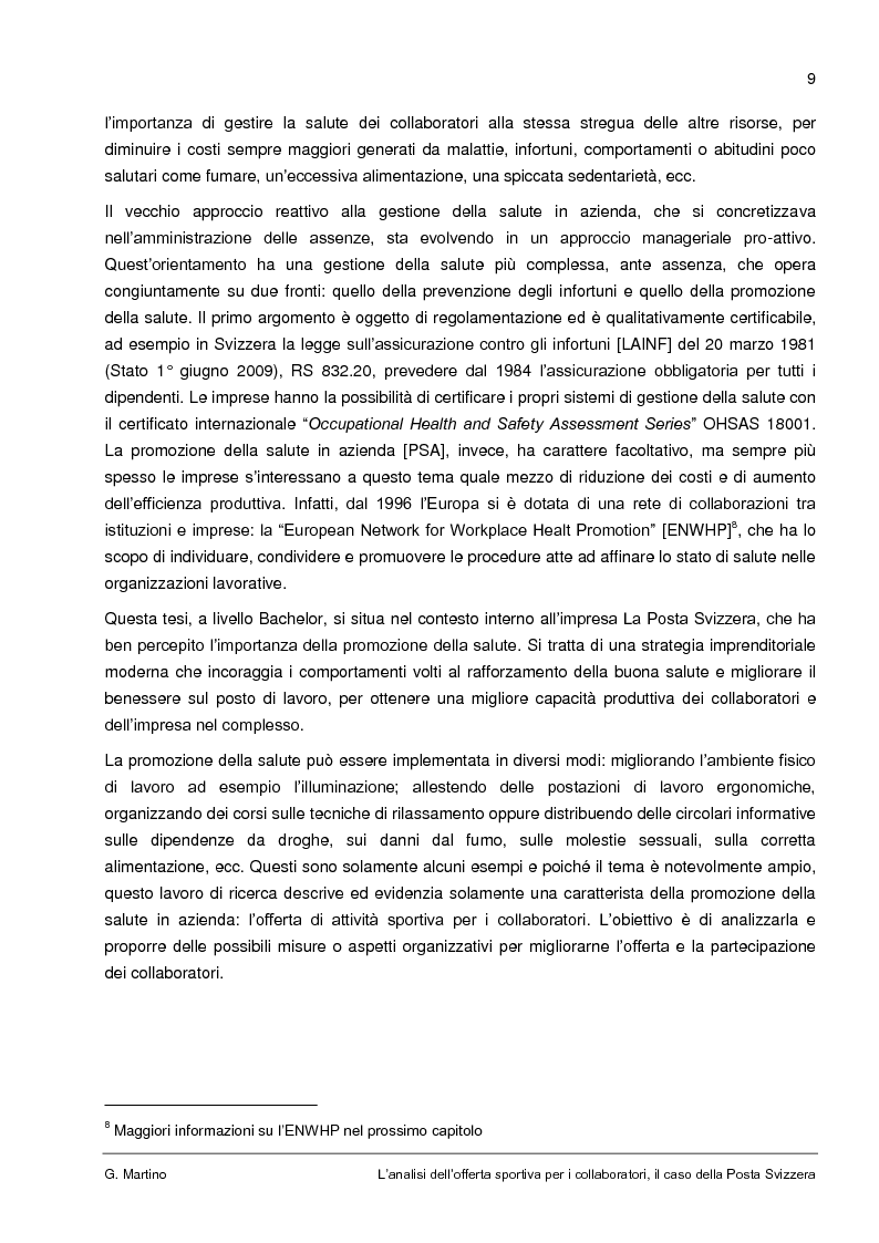 Anteprima della tesi: L'analisi dell'offerta sportiva per i collaboratori, il caso della Posta Svizzera, Pagina 5