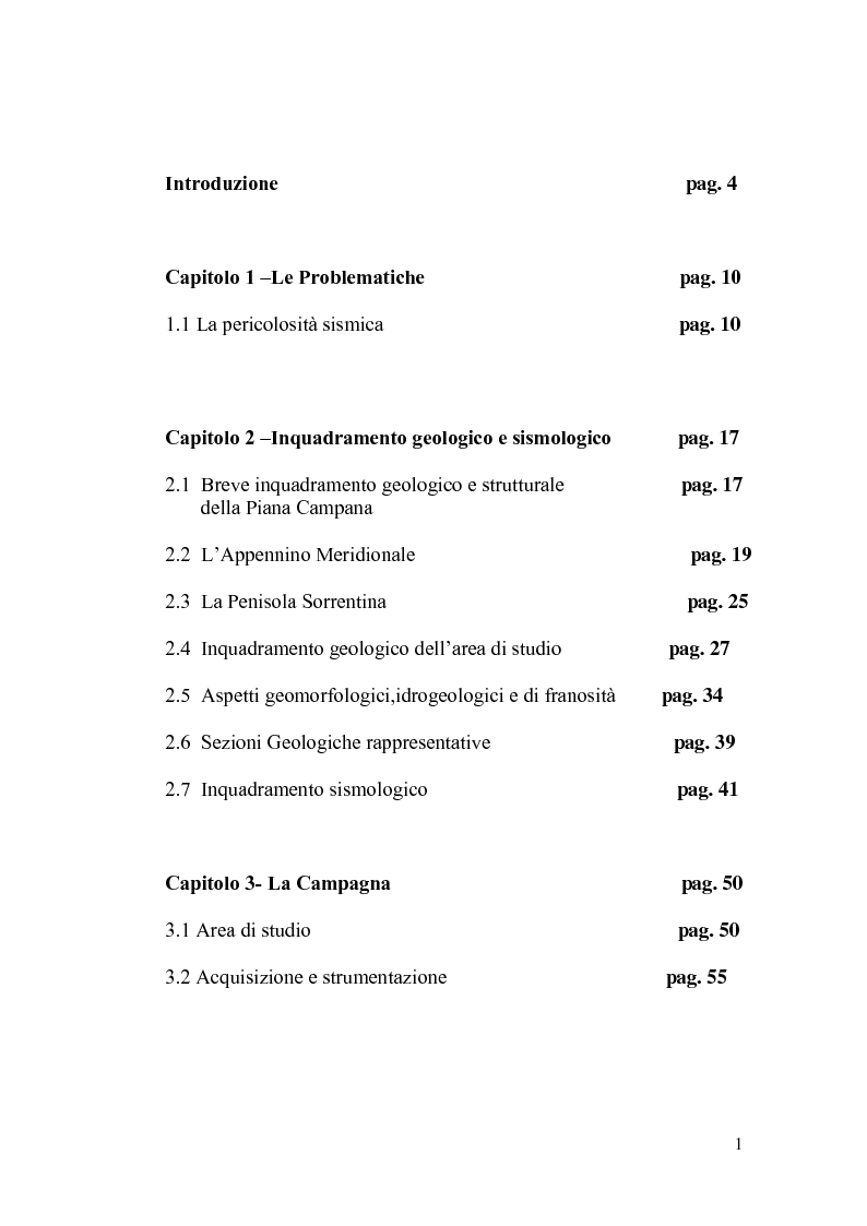 Indice della tesi: Valutazione dell’amplificazione sismica su terreni non rigidi: esempio di microzonazione in un'area della Penisola Sorrentina., Pagina 1