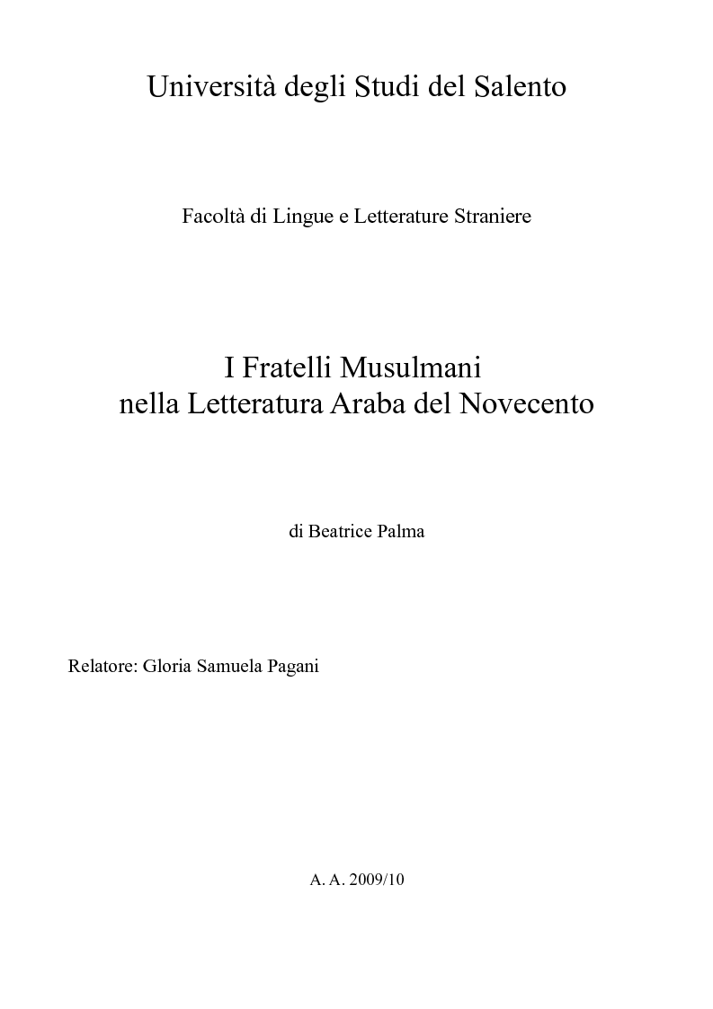 Anteprima della tesi: I Fratelli Musulmani nella letteratura araba del Novecento, Pagina 1