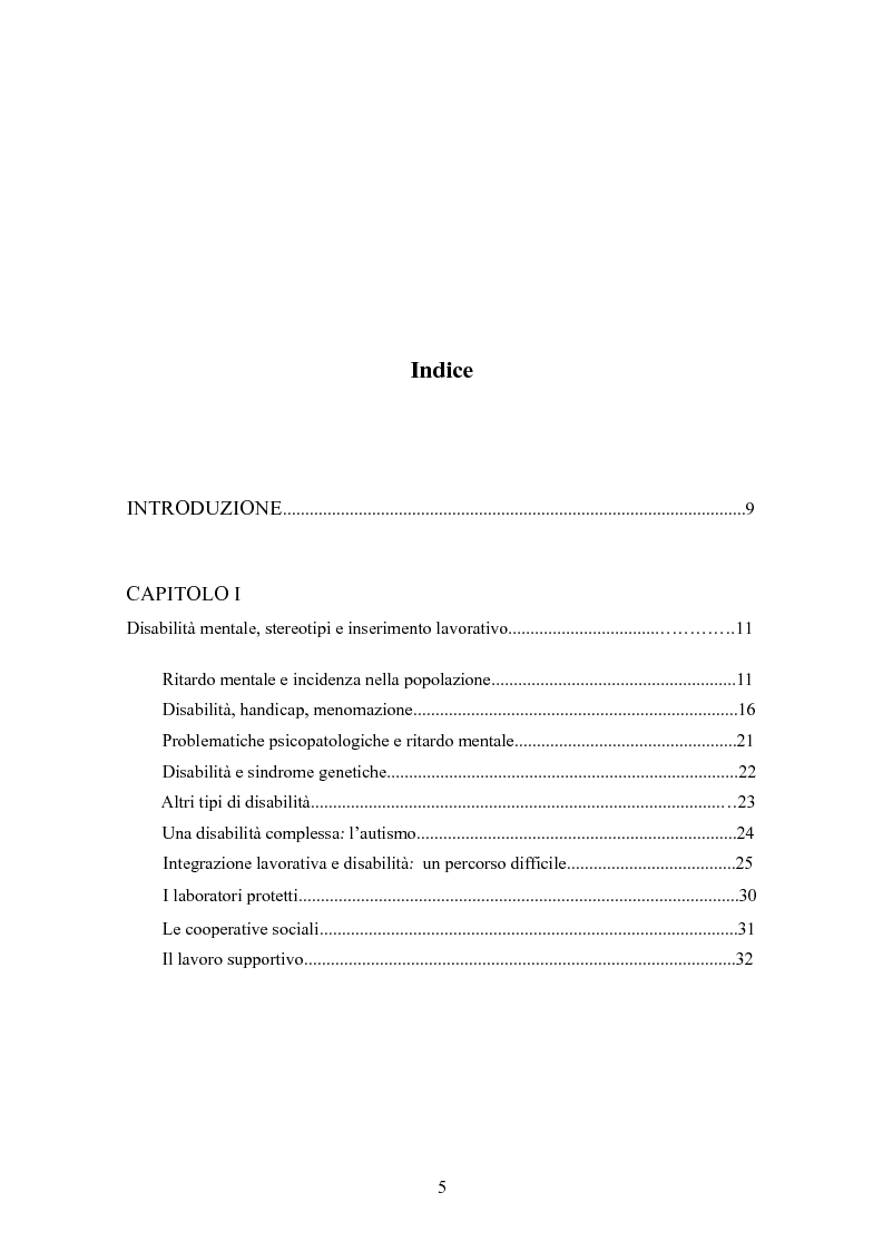 Indice della tesi: Contatto e riduzione del pregiudizio: il caso delle persone con disabilità mentale, Pagina 1