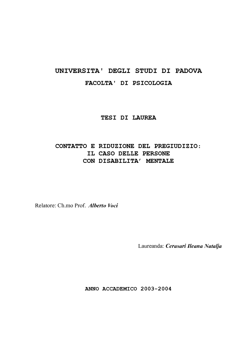 Anteprima della tesi: Contatto e riduzione del pregiudizio: il caso delle persone con disabilità mentale, Pagina 1